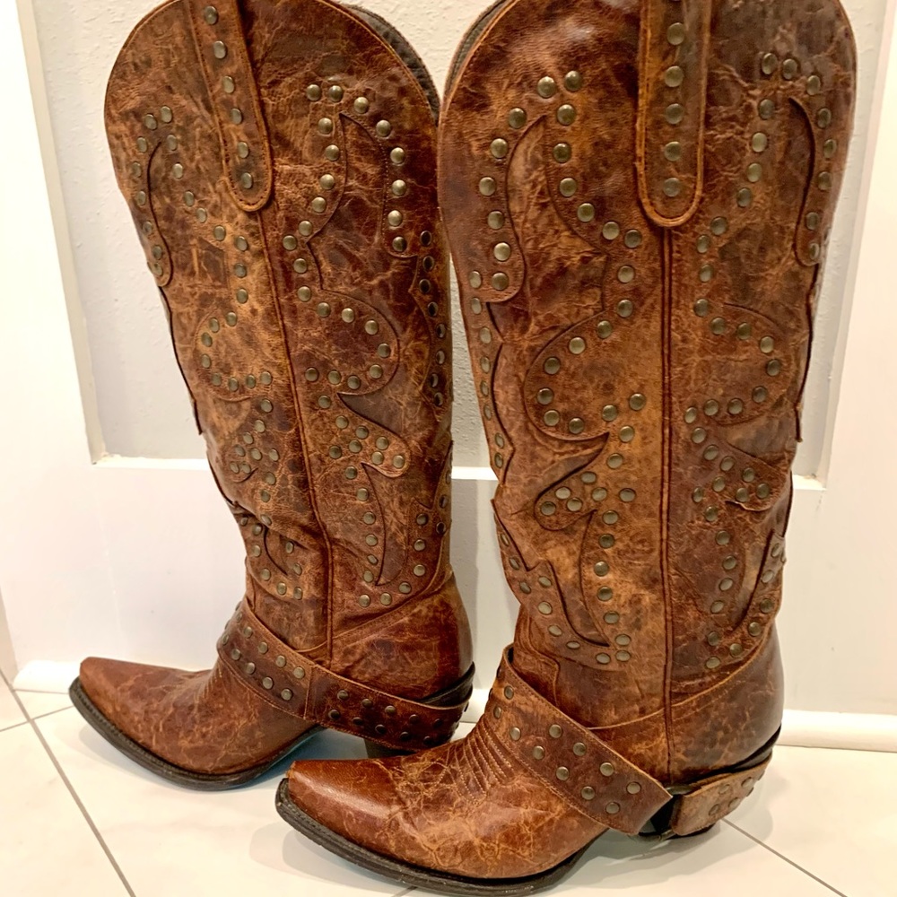 Studded Brown Heeled Boots - Picture 5 of 8